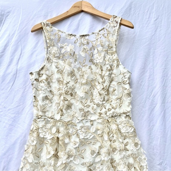 ADRIANNA PAPELL | METALLIC FLORAL EMBROIDERED FIT & FLARE GOWN IVORY GOLD DRESS - Picture 4 of 13